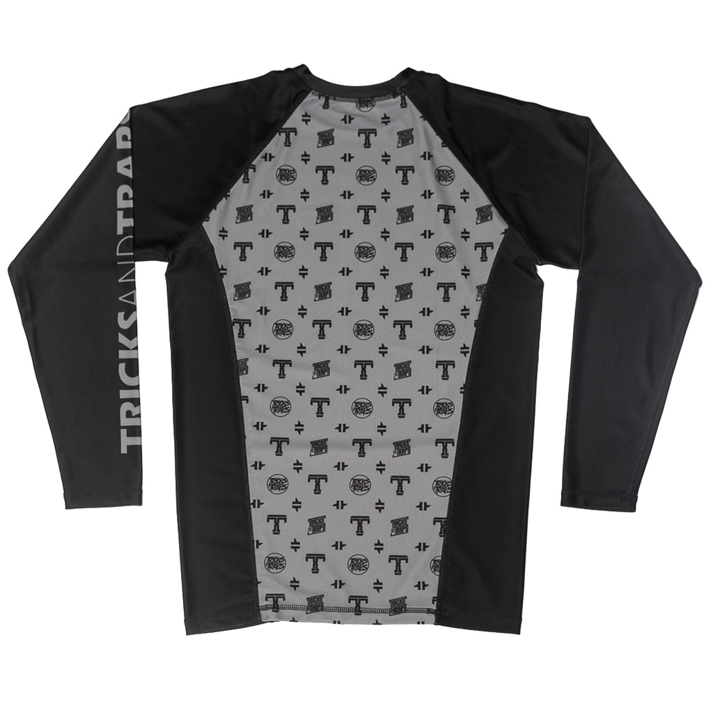 Tricks and Traps black and silver long sleeve jiu jitsu rash guard