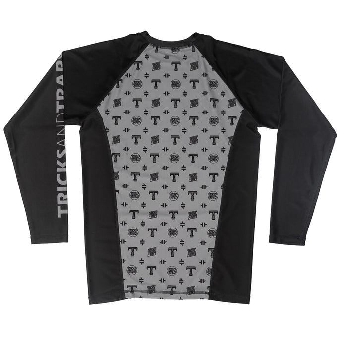 Tricks and Traps black and silver long sleeve jiu jitsu rash guard