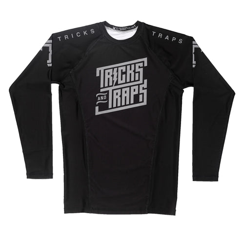 Tricks and Traps black and silver no-gi jiu jitsu rash guard